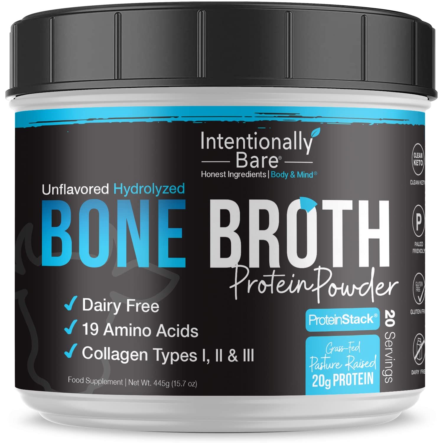 Intentionally Bare Bone Broth Collagen Peptides Powder Unflavored - Dairy Free Collagen Peptide Powder Type 1 &amp; 3 - Pasture Raised &amp; Grass Fed Collagen Protein Powder for Gut &amp; Joints - 20 Servings