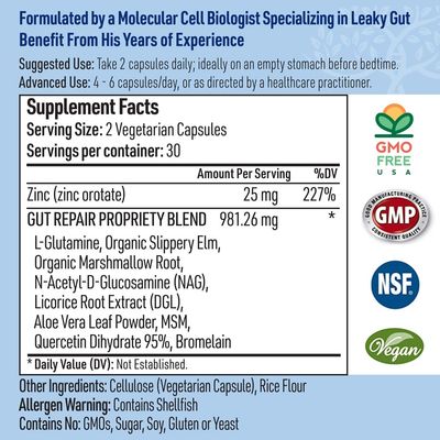 Liver Medic Leaky Gut Repair Maximum Support Gut Health L-Glutamine, Slippery Elm for IBS, Heartburn Relief, Non-GMO for Women & Men, 60 Caps