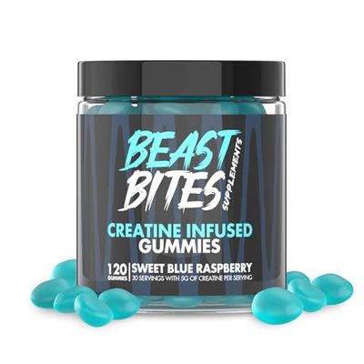 BEAST BITES - Creatine Bites - 5g Creatine Monohydrate Per Serving - No Sugar or Artificial Colors - Low-Calorie, Vegan &amp; Halal - Made in The USA - Blue Raspberry Flavor - 30 Gummies