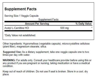 Swanson Acetyl-L-Carnitine - Amino Acid Supplement Promoting Cognitive Health &amp; Muscle Support - Natural Formula May Promote Nervous System Health - (100 Veggie Capsules) 2 Pack