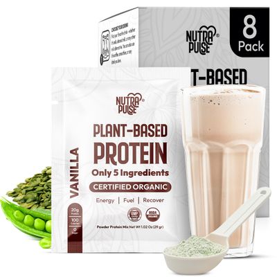NUTRAPULSE Organic Vegan Protein Powder Sample Pack - Plant-Based Protein, Gluten-Free, Non GMO, 20g Protein Per Serving, Great for Smoothies &amp; Shakes (Vanilla, Pack of 8)