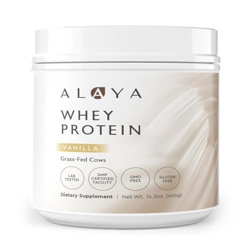 Alaya Naturals - Grass Fed Whey Protein Powder - Vanilla Flavor, All Natural, Hormone Free - 20g Protein per Serving - Non-GMO, rBGH Free, Gluten Free - Great Source of BCAA