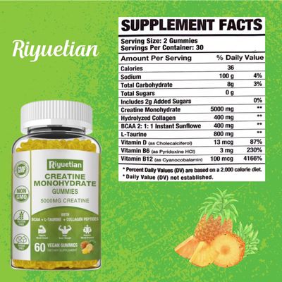 Riyuetian 2 Pack Creatine Monohydrate for Men & Women - Muscle Growth, Recovery, Strength & Energy - Vegan, Gluten-Free, Sugar-Free Creatine Monohydrate - 120 Count