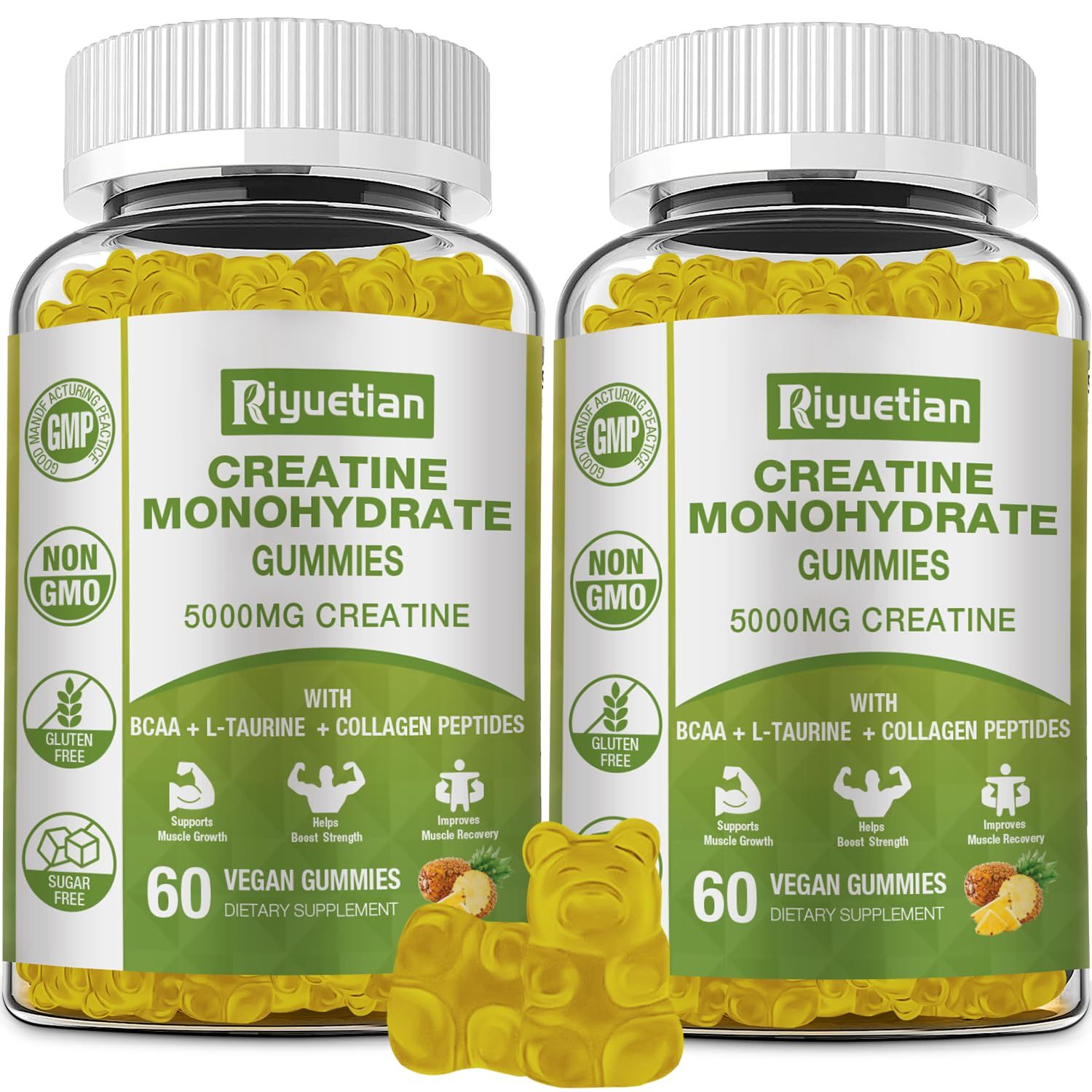 Riyuetian 2 Pack Creatine Monohydrate for Men &amp; Women - Muscle Growth, Recovery, Strength &amp; Energy - Vegan, Gluten-Free, Sugar-Free Creatine Monohydrate - 120 Count