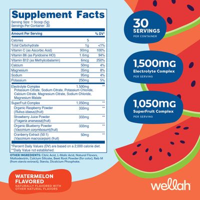 Wellah Splish Splash Hydration Electrolyte Drink Mix (Watermelon Flavored, 30 Servings)