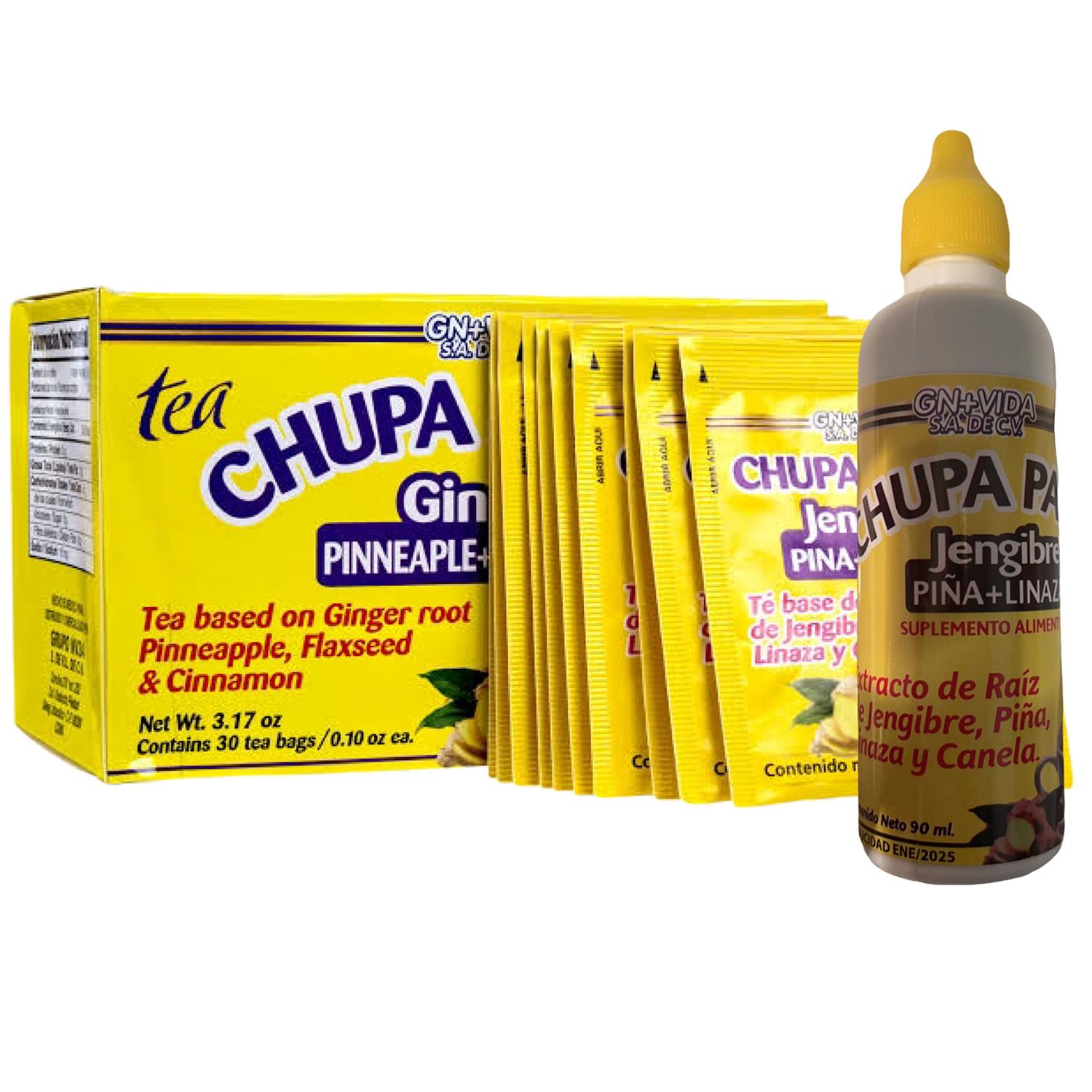 Set 2x1 - Tea CHUPA Grass &amp; Panza + Drops Chupa Grasa Extract, Tea Based ONGINGER Root, PINNEAPPLE, Flaxseed &amp; Cinnamon (30 Tea Bags/0.10 oz Each + 90ml Drops)