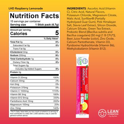 LEAN Hydration Natural Electrolyte Immune Formula - Boost Immunity and Stay Hydrated with Zero Sugar and No Artificial Flavors or Sweeteners 15 ct Packets (Raspberry Lemonade)