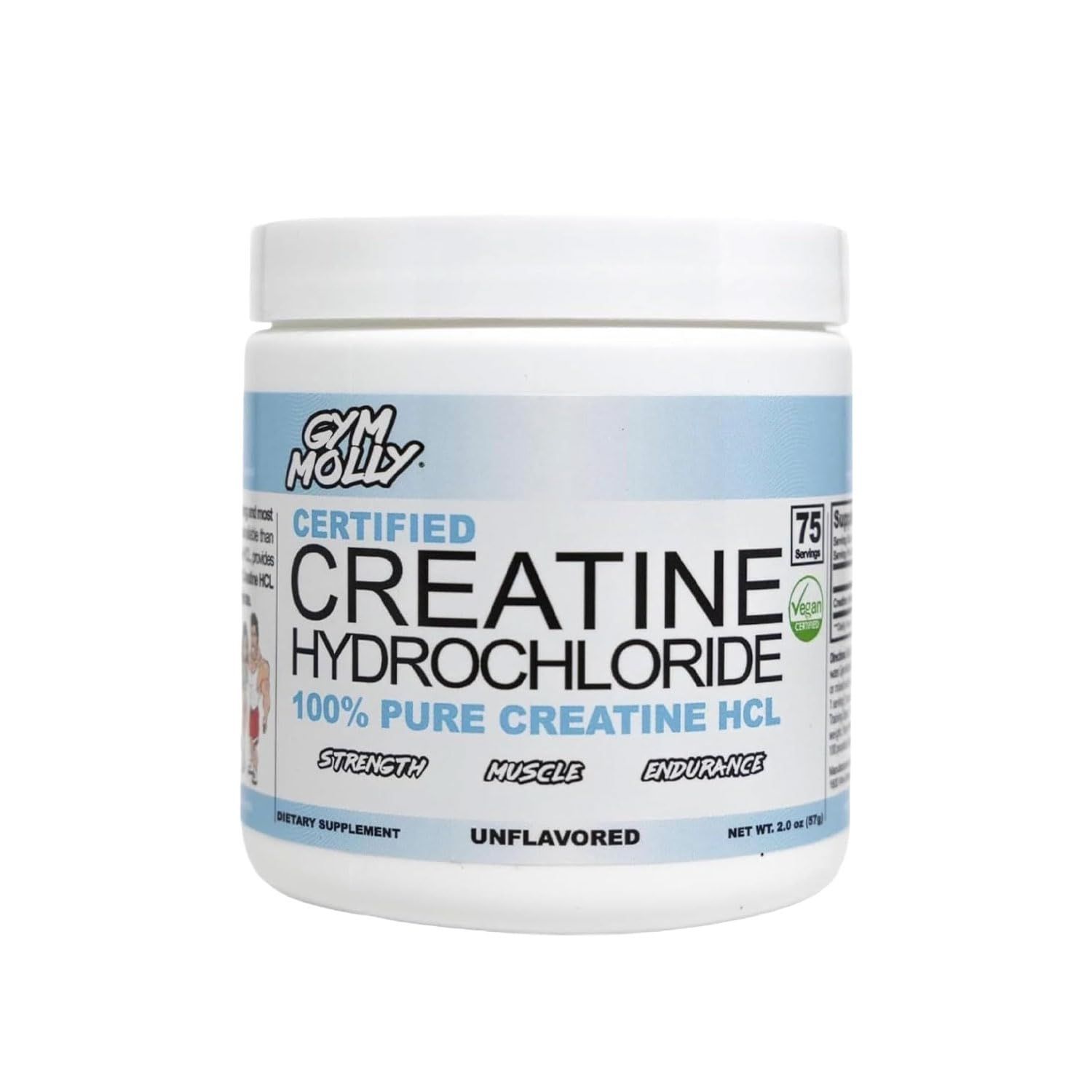 Gym Molly Creatine Hydrochloride Powder, Highly Soluble Creatine Hydrochloride, Unflavoured, Vegan, Workout Supplement for Men and Women, Muscle Builder Creatine Supplement (75 Servings, 750mg)