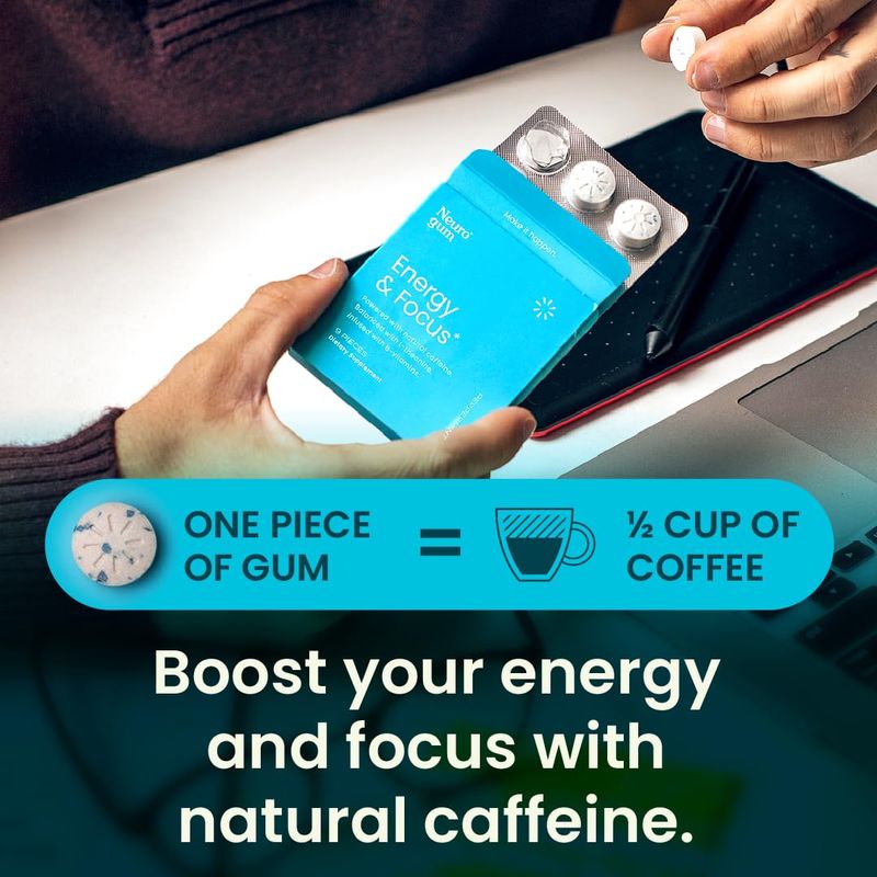 NeuroGum Energy Caffeine Gum (54 Pieces) - Sugar Free with L-theanine + Caffeine + Vitamin B12 &amp; B6 - Nootropic Energy &amp; Focus Supplement for Women &amp; Men - Peppermint Flavor (Packaging May Vary)