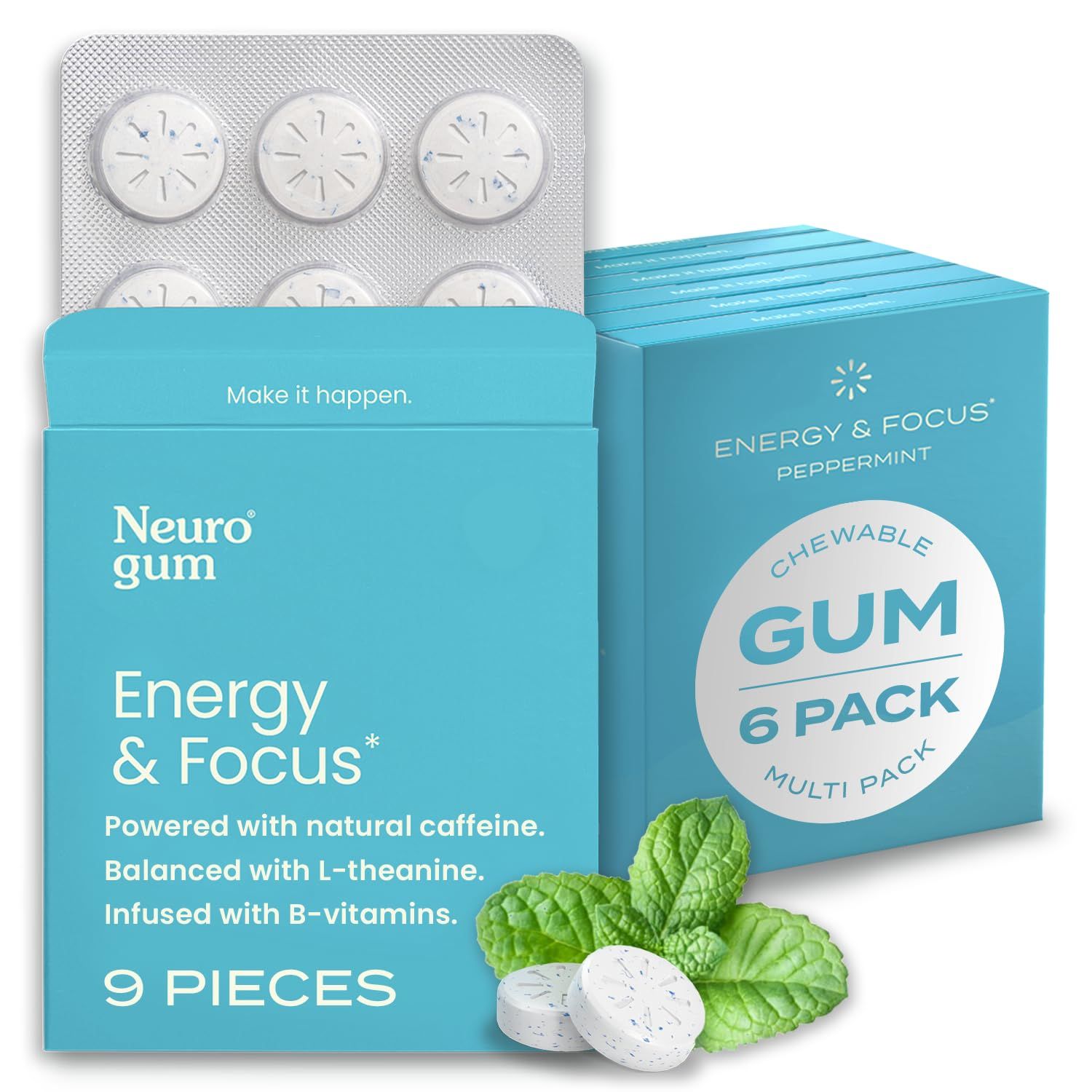 NeuroGum Energy Caffeine Gum (54 Pieces) - Sugar Free with L-theanine + Caffeine + Vitamin B12 &amp; B6 - Nootropic Energy &amp; Focus Supplement for Women &amp; Men - Peppermint Flavor (Packaging May Vary)