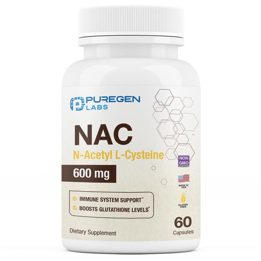 Puregen Labs N-Acetyl-L-Cysteine (NAC) 600mg, Supports Immune, Respiratory, Liver Health, NAC 600 mg, Potent antioxidant Support, Free-radicals, Easy to Absorb - 60 Vegetarian Capsules