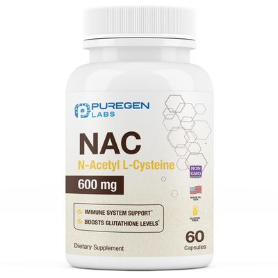 Puregen Labs N-Acetyl-L-Cysteine (NAC) 600mg, Supports Immune, Respiratory, Liver Health, NAC 600 mg, Potent antioxidant Support, Free-radicals, Easy to Absorb - 60 Vegetarian Capsules