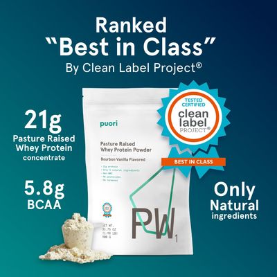 Puori Whey Protein Powder - Bourbon Vanilla - PW1 Pasture Raised, Grass-Fed &amp; Non-GMO - 100% Natural and Pure for Muscle Growth - 21g Protein 1.98lbs - Gluten-Free