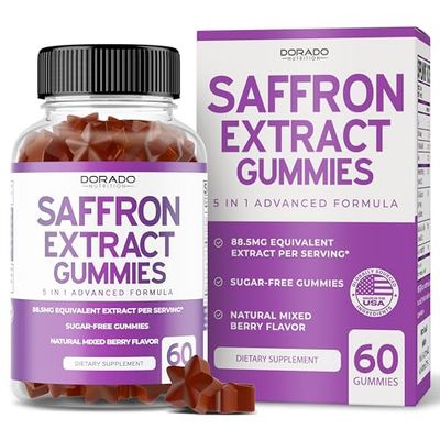 Saffron Gummies - Premium Saffron Supplement - Sugar Free Gummy - Saffron Extract 88.5mg Equivalent Extract - 5 in 1 Advanced Formula - Delicious Raspberry Flavor - Non GMO - Vegan - (60 Gummies)