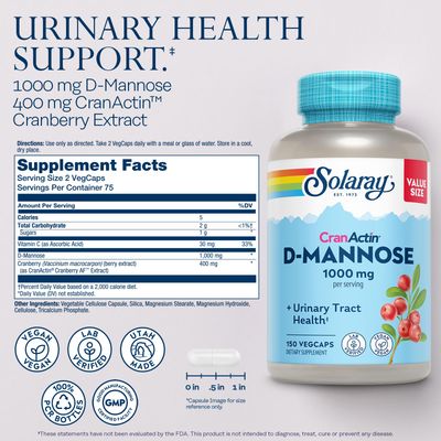 Solaray D-Mannose 1000mg with CranActin Cranberry Supplement 400mg, Urinary Tract Health &amp; Bladder Support Capsules with Vitamin C, Vegan, 60 Day Guarantee, 75 Servings, 150 VegCaps