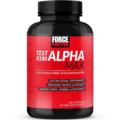 FORCE FACTOR Test X180 Alpha Max Total Testosterone and Nitric Oxide Booster for Men with Fenugreek Seed and Tribulus to Increase Blood Flow and Improve Male Athletic Performance, 180 Capsules