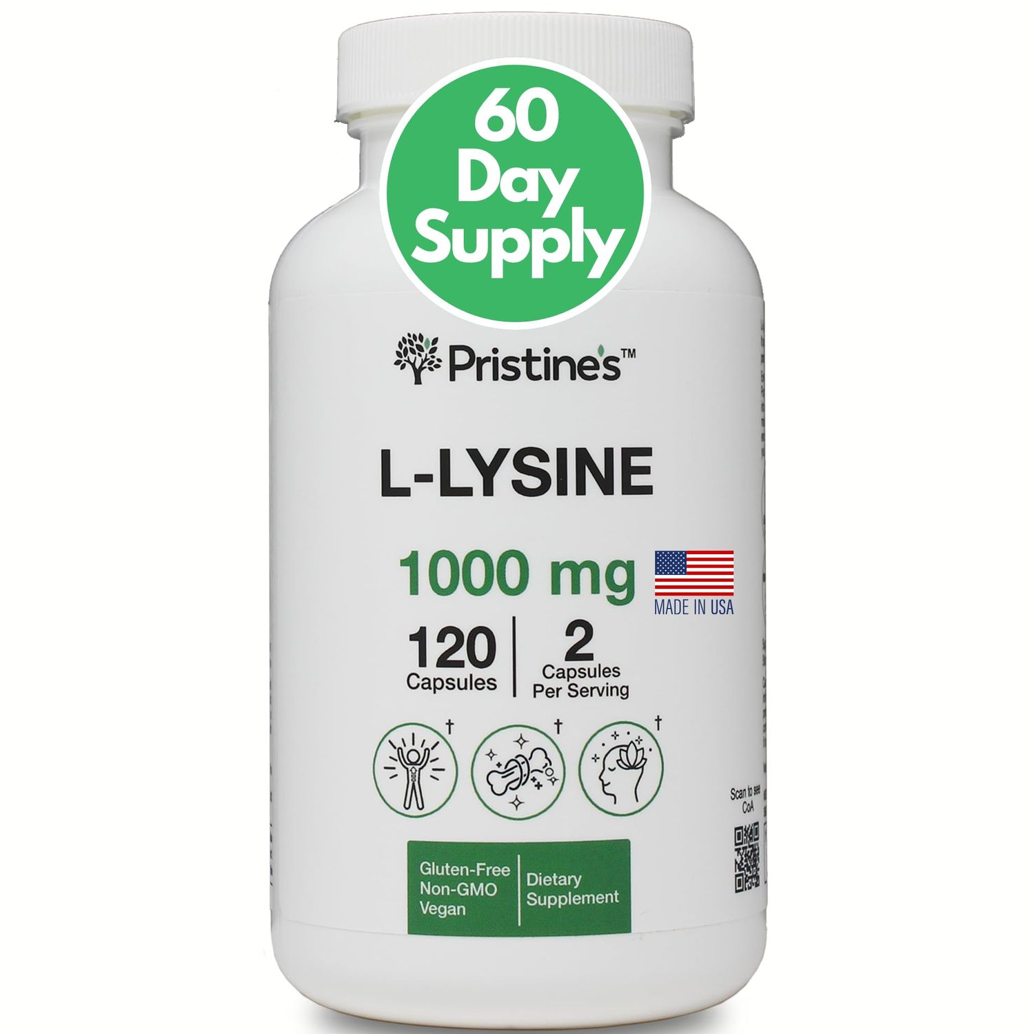 PRISTINE&#39;S L Lysine 1000MG 60 Day Supply - Lip &amp; Gum Health Essential Amino Acid &amp; Immunity Support Supplement - Optimal Muscle &amp; Tissue Support - Collagen Production - Vegan - Gluten Free