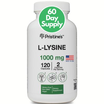 PRISTINE&#39;S L Lysine 1000MG 60 Day Supply - Lip &amp; Gum Health Essential Amino Acid &amp; Immunity Support Supplement - Optimal Muscle &amp; Tissue Support - Collagen Production - Vegan - Gluten Free