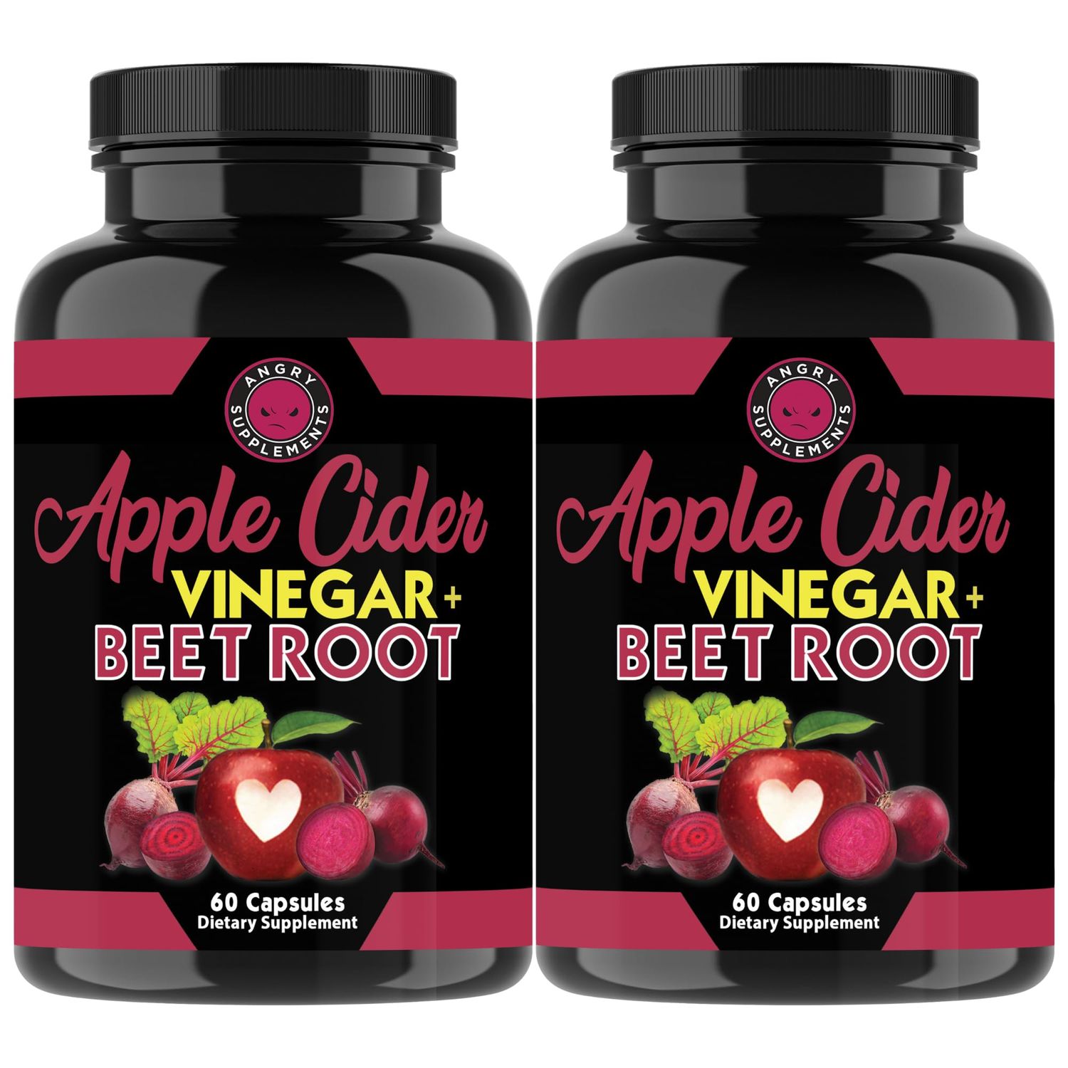 Angry Supplements Apple Cider Vinegar + Beet Root Powder Capsules, Pure ACV Beetroot 1000mg per Serving, Nitric Oxide Booster &amp; Digestive Health for Men and Women 60ct, 2 Pack (120ct Total)