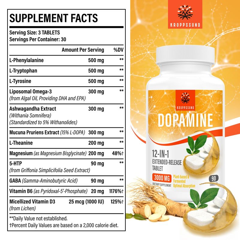 Kroppssund Natural Dopamine Supplement - 90 Tablets (1 Bottle)