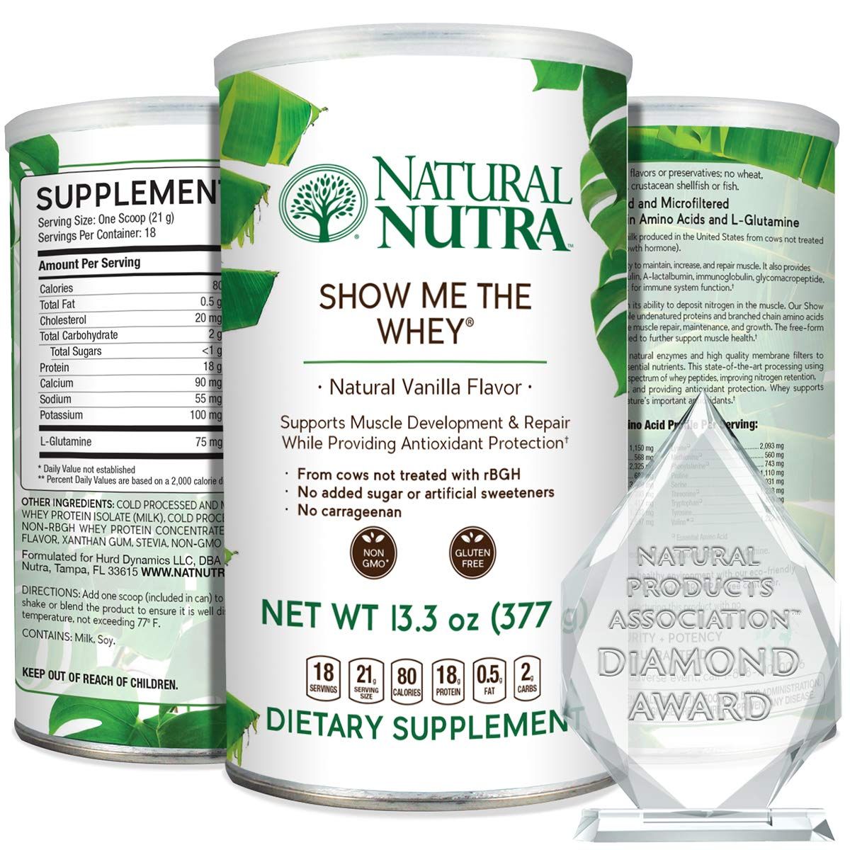 Natural Nutra Grass Fed Vanilla Show Me The Whey Protein Source Powder Enhance Digestion, Support Bones and Boost Immunity, Gluten Free, Sugar-Free, Non-GMO, 13.3oz