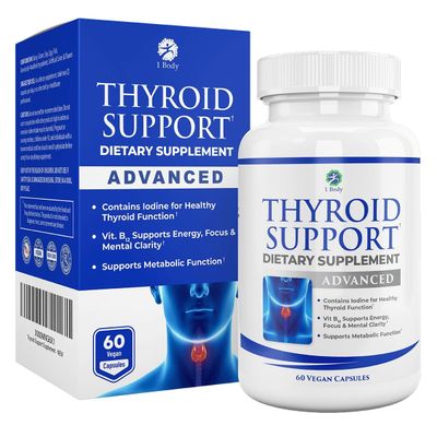 1 Body Thyroid Support Supplement with Iodine - Energy &amp; Focus Support Formula - Vegetarian &amp; Non-GMO - Vitamin B12 Complex, Zinc, Selenium, Ashwagandha, Copper &amp; More 30 Day Supply
