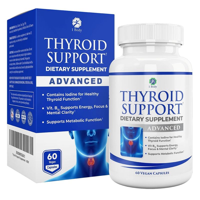 1 Body Thyroid Support Supplement with Iodine - Energy &amp; Focus Support Formula - Vegetarian &amp; Non-GMO - Vitamin B12 Complex, Zinc, Selenium, Ashwagandha, Copper &amp; More 30 Day Supply