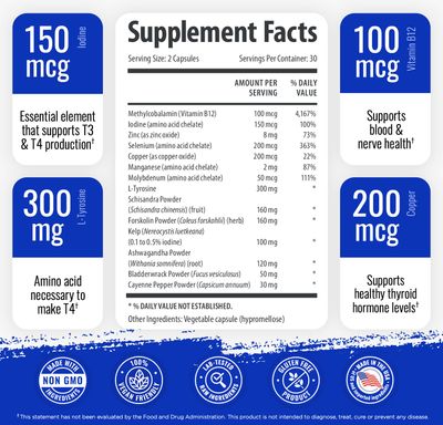 1 Body Thyroid Support Supplement with Iodine - Energy &amp; Focus Support Formula - Vegetarian &amp; Non-GMO - Vitamin B12 Complex, Zinc, Selenium, Ashwagandha, Copper &amp; More 30 Day Supply