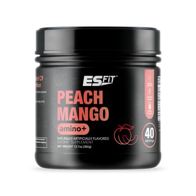 ES FIT Amino+ Powder - Pre and Post Workout with Caffeine + Green Tea Extract - BCAA, Amino Acids, Zero Sugar, Low Calorie, Superior Taste, 40 Servings (Peach Mango)