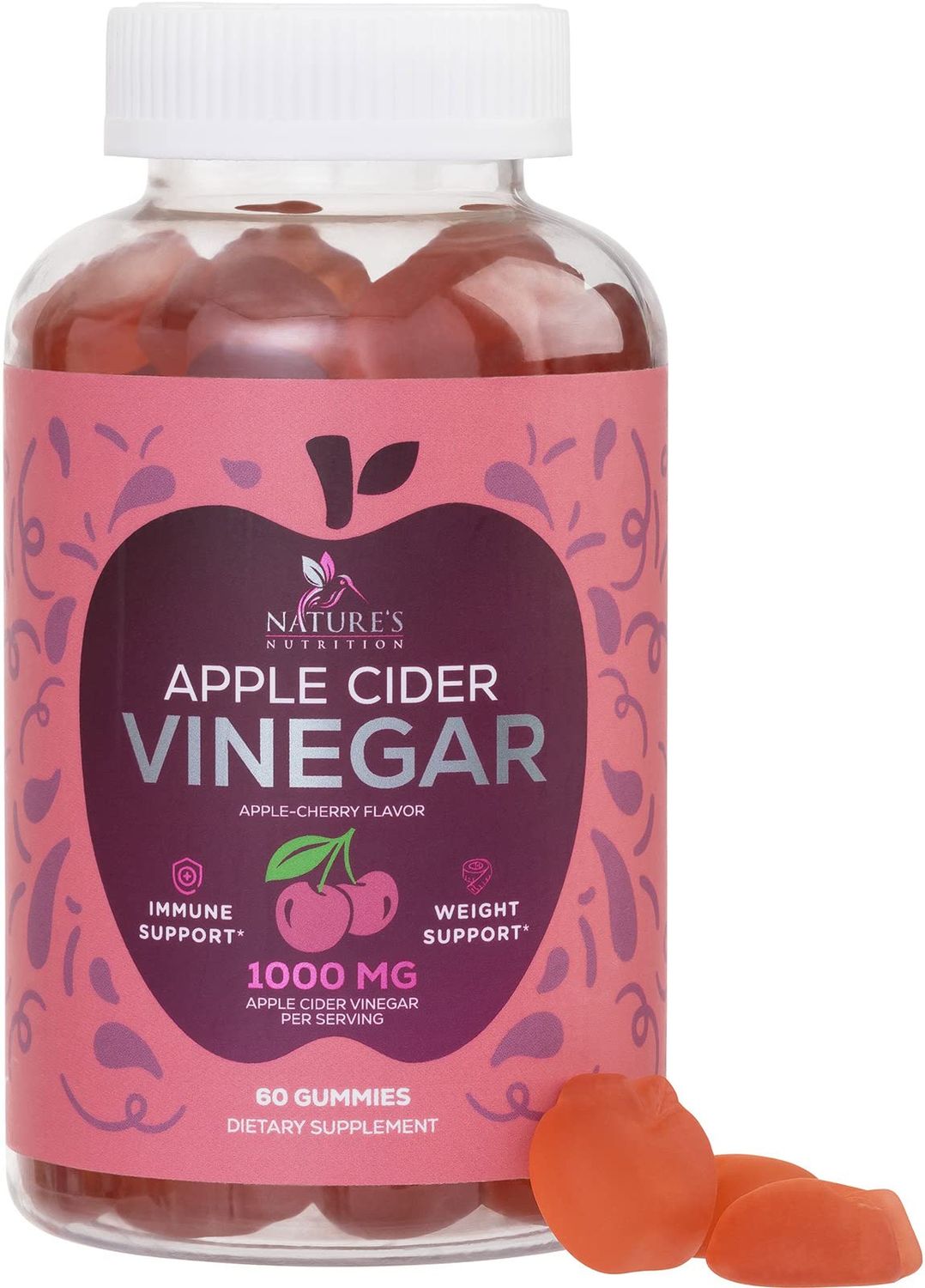 Vegan Apple Cider Vinegar Gummies 1000mg - ACV Vitamins Supplement - Gelatin-Free, Vegan, Non-GMO, Made with Beet Root &amp; Vitamin B12 for Energy - Supports Digestion, Detox and Cleanse - 60 Gummies