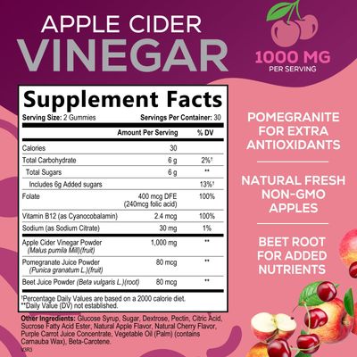 Vegan Apple Cider Vinegar Gummies 1000mg - ACV Vitamins Supplement - Gelatin-Free, Vegan, Non-GMO, Made with Beet Root & Vitamin B12 for Energy - Supports Digestion, Detox and Cleanse - 60 Gummies