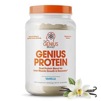 Genius Protein Powder, Vanilla - Dual Protein Blend with Improved Whey Isolate &amp; Natural Egg White for Lean Muscle Building for Men &amp; Women - Grass-Fed Pre &amp; Post Workout Meal Replacement Shake