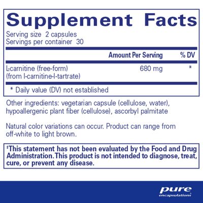 Pure Encapsulations L-Carnitine | Hypoallergenic Supplement for Cardiovascular and Endurance Support | 60 Capsules
