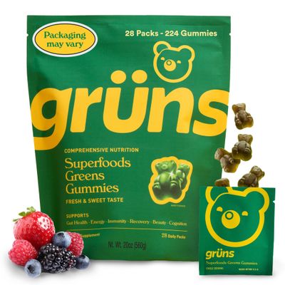 Gruns Daily Gummies, Super Greens Gummies - Organic Spirulina and Chlorella, Prebiotics for Digestive &amp; Gut Health - Greens Superfood, Multi-Vitamins &amp; Minerals - 224 Gummy Bear