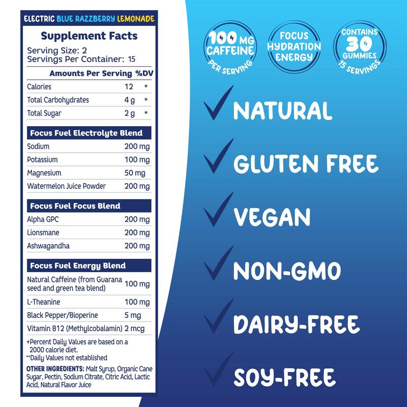 FocusFuel Energy Chews - Focus + Energy Gummies, 100mg Caffeine per 2 Gummies, Includes B12, Magnesium, Electrolytes, All-Natural Ingredients (Blue Razzberry Lemonade - 30 Chews, 3.17oz)