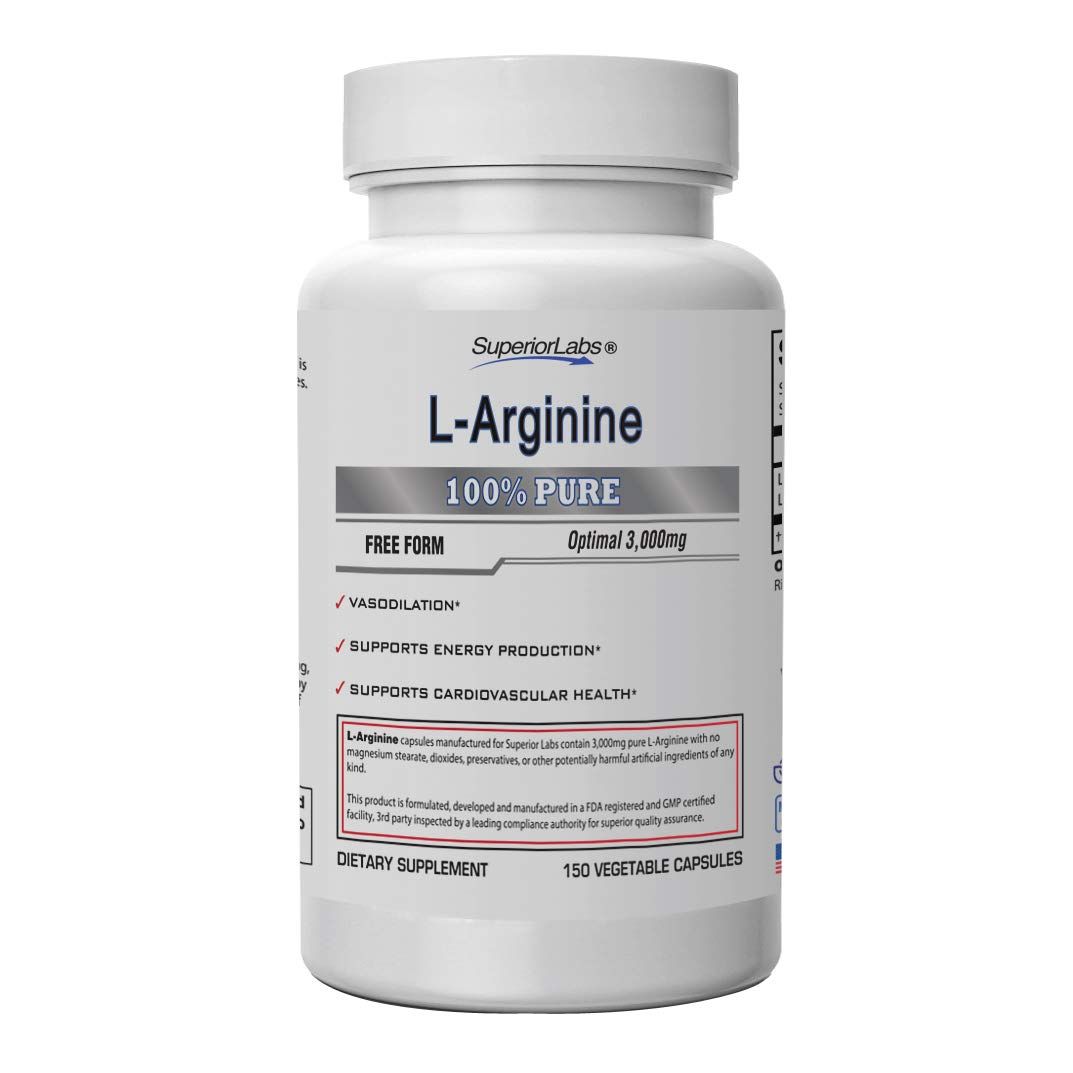 Superior Labs - Pure L-Arginine - Free Form - Optimal 3,000mg Dosage - 150 Vegetable Capsules - Supports Vasodilation, Energy Production and Cardiovascular Health