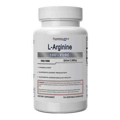 Superior Labs - Pure L-Arginine - Free Form - Optimal 3,000mg Dosage - 150 Vegetable Capsules - Supports Vasodilation, Energy Production and Cardiovascular Health