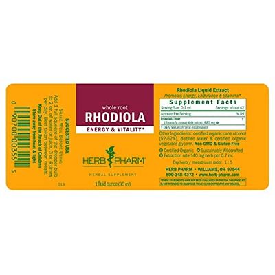 Herb Pharm Certified Organic Rhodiola Root Extract for Energy, Endurance and Stamina, Organic Cane Alcohol, 1 Ounce (090700003555)
