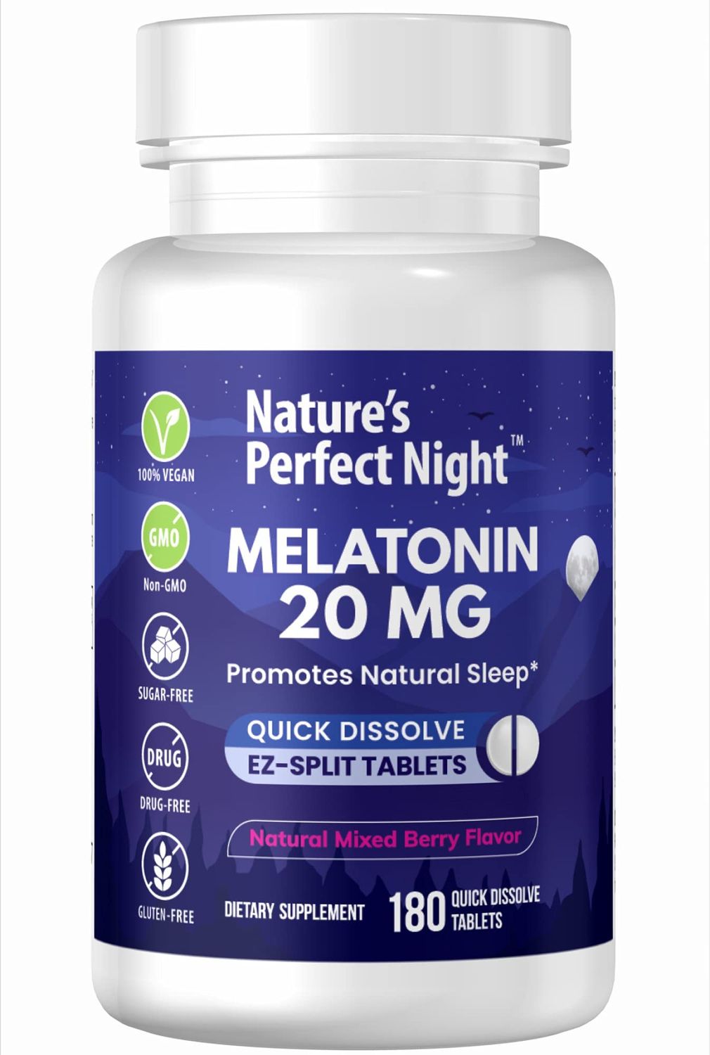 Nature&#39;s Perfect Night | Melatonin 20mg | 180 Quick Dissolve Tablets | Natural Mixed Berry Flavor |High Potency | Sugar Free | Vegan | Gluten Free | Value Size
