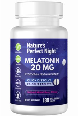 Nature&#39;s Perfect Night | Melatonin 20mg | 180 Quick Dissolve Tablets | Natural Mixed Berry Flavor |High Potency | Sugar Free | Vegan | Gluten Free | Value Size