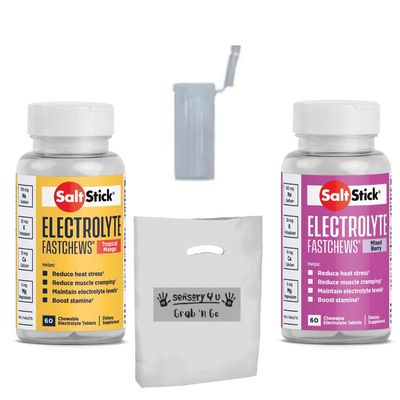 SENSORY4U Grab and Go Gift Set with New Flavors SaltStick FASTCHEWS Variety 2-Pack - 60 Count Bottles of Tropical Mango and Mixed Berry with Race Ready Tube