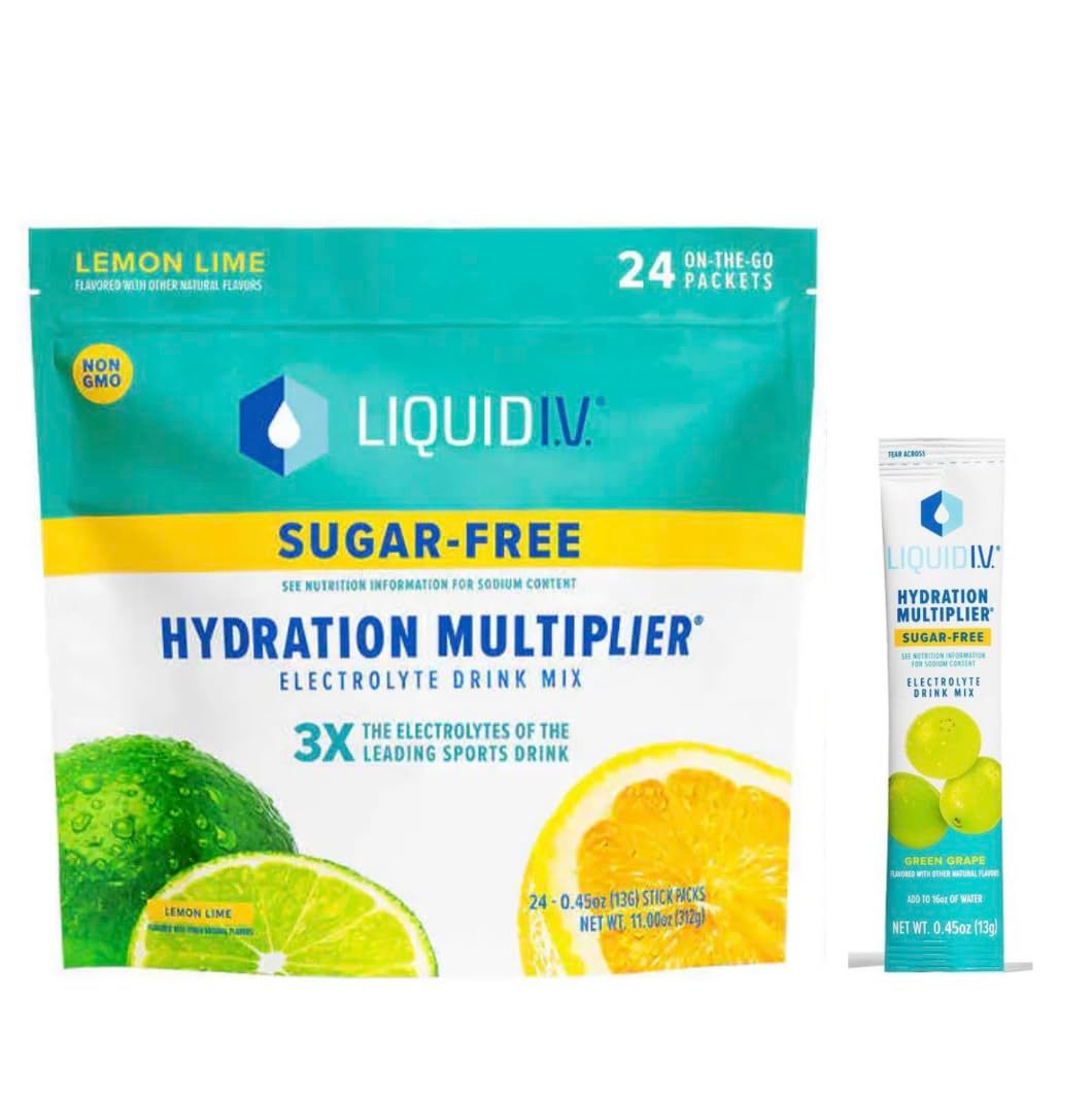Liquid I.V. Sugar-Free Hydration Multiplier - Lemon Lime - Hydration Powder Packets, Electrolyte Drink Mix, Easy Open Single-Serving Stick Non-GMO 24 Sticks + 1-0.45 green grape sugar free