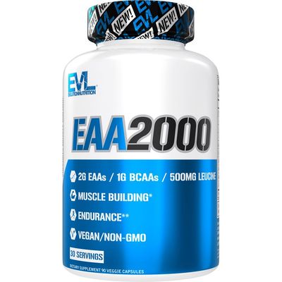 Evlution Nutrition EAA2000 - Pre &amp; Post Workout Capsules - Muscle Building + Recovery Supplement - 2g Essential Amino Acids + 1g BCAAs - Endurance + Energy Support - 30 Servings