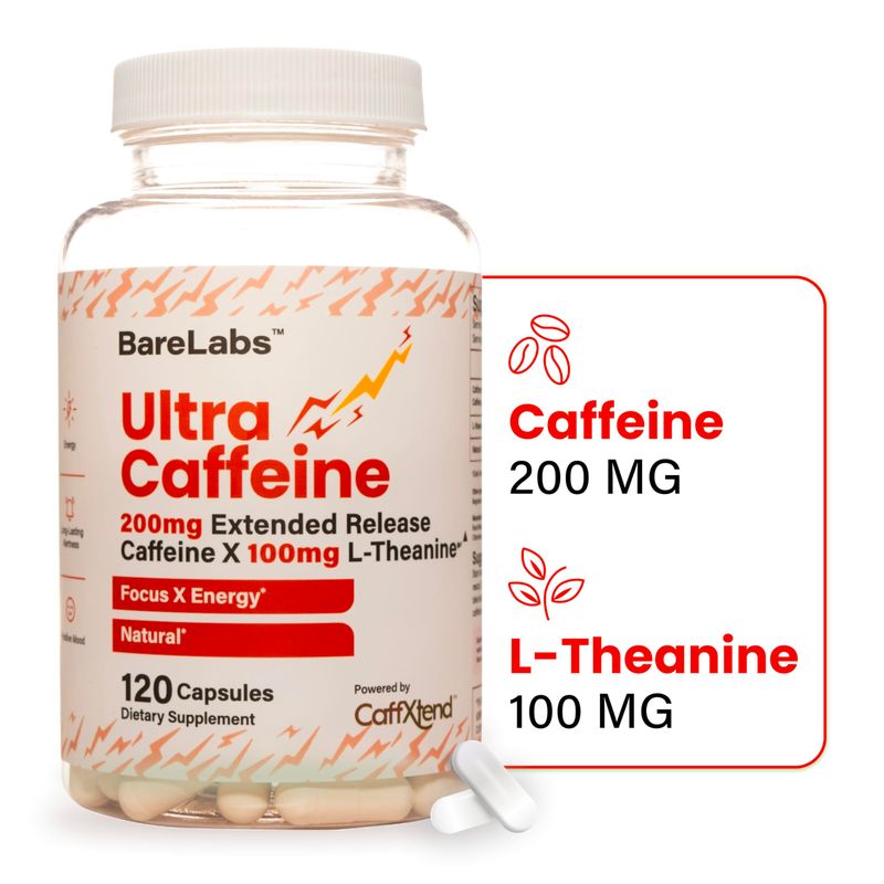BareLabs 200mg Extended Release Caffeine + 100mg L-Theanine, 100% Natural Caffeine, Focus &amp; Energy Supplement, Long-Lasting, Non-Crash, Sustained Alertness Ultra Caffeine Pills