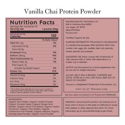 Truvani Vegan Pea Protein Powder | Vanilla Chai | 20g Organic Plant Based Protein | 10 Travel Packets | Keto | Gluten &amp; Dairy Free | Low Carb | No Added Sugar
