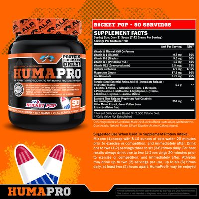 ALR Industries Humapro | Amino Acids Protein Matrix for Humans | 99% Utilization for Lean Muscle | Vegan, Gluten Free | 667g / 90 Servings (Rocket Pop)