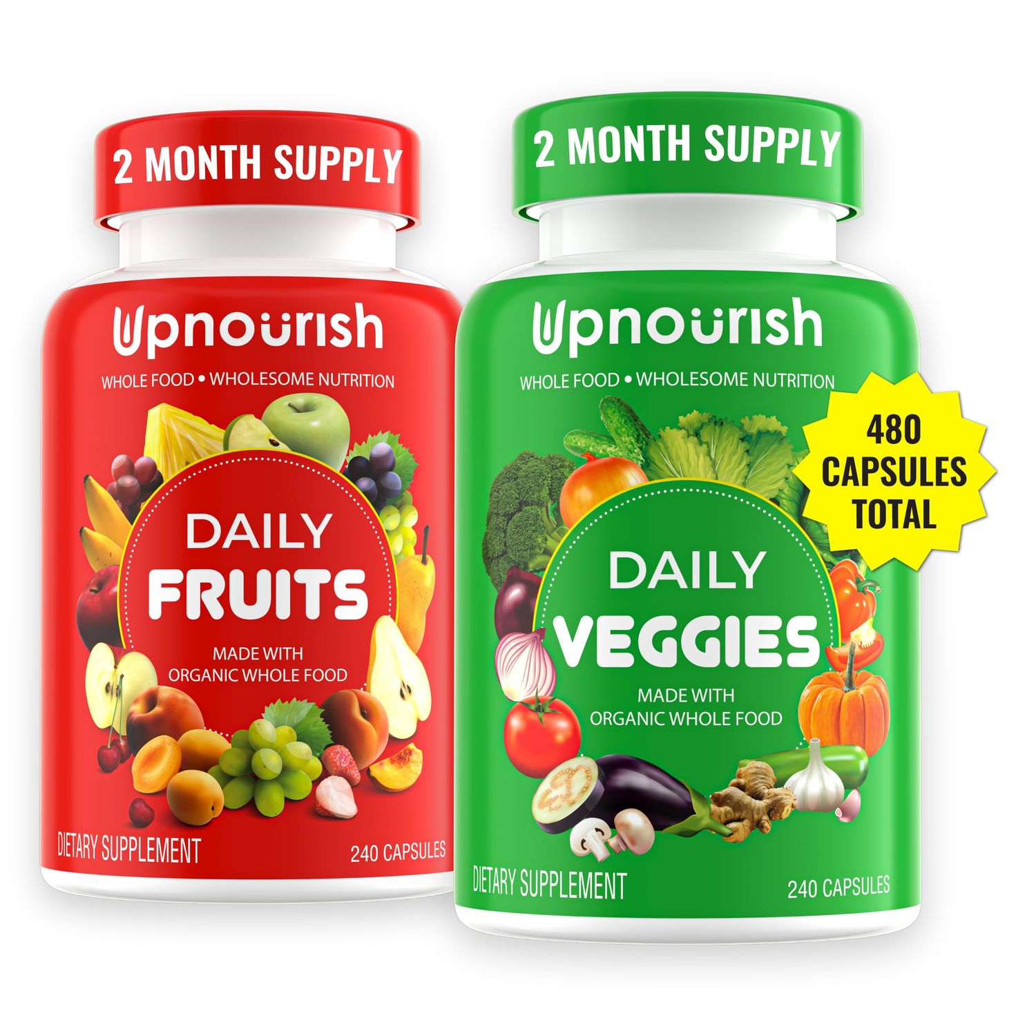UpNourish Organic Fruits and Veggies Supplement - Support Diet Balance, Body Cleanse &amp; Energy - 480 Fruits and Super Greens Capsules from Nature - Fruit and Vegetable Supplements for Adults &amp; Kids