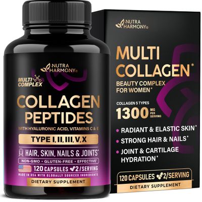 Multi Collagen Peptides - Hydrolyzed Types I, II, III, V &amp; X - Collagen Supplement for Women 1300mg - w/ Hyaluronic Acid, Vitamins C &amp; E - Skin, Hair, Nails &amp; Joint Support - Made in USA, 120 Capsules