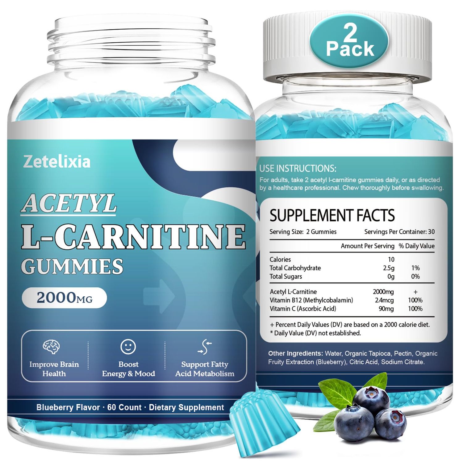 Zetelixia 2 Pack Acetyl L-Carnitine Gummies 2000mg, L-Carnitine Supplement with Vitamin C &amp; B12, ALCAR for Energy, Brain &amp; Mood Support, Fatty Acid Metabolism, Vegan, Non-GMO, Sugar Free, 120 Count