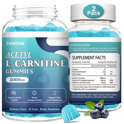 Zetelixia 2 Pack Acetyl L-Carnitine Gummies 2000mg, L-Carnitine Supplement with Vitamin C &amp; B12, ALCAR for Energy, Brain &amp; Mood Support, Fatty Acid Metabolism, Vegan, Non-GMO, Sugar Free, 120 Count